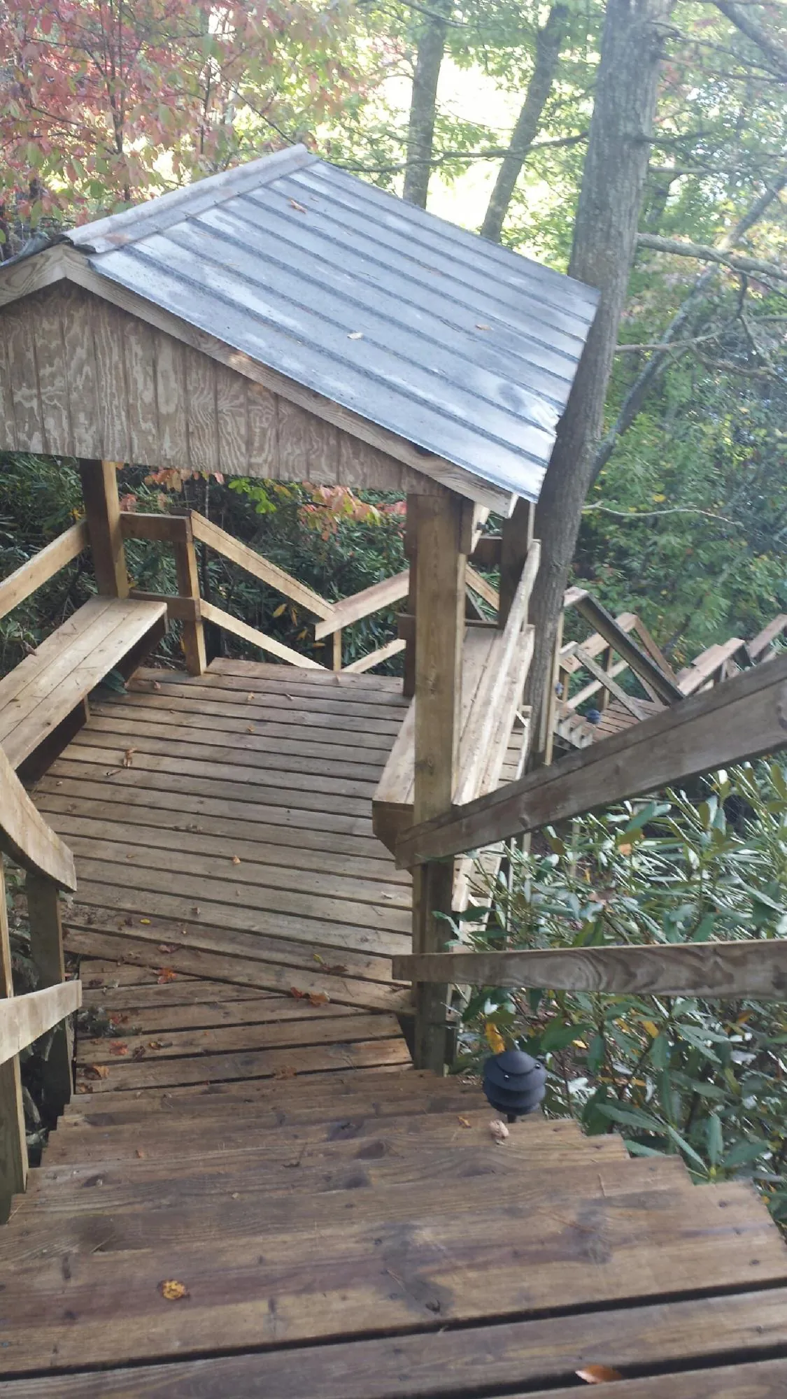 Metal roofed shelter over wooden steps on a wooded walkway — Skylight Repair & Installation work by our crew in Landis